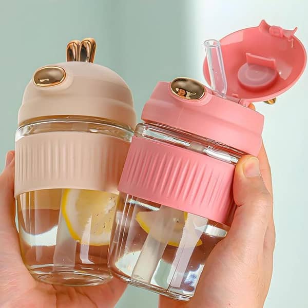 Cute Rabbit Glass Water Cup with Lid & Straw – 350ml Cartoon Juice Mug for Girls – Portable Office Coffee Cup – Heat Resistant Pop-Up Bottle – Silicone Straw – High-Quality Glass Tumbler for Kids & Students – Leakproof Gift Bottle for Girls. . .