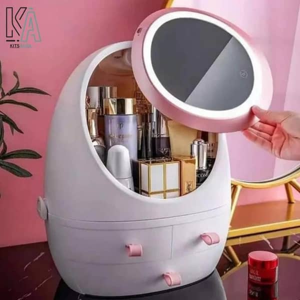 Oval Mirror Cosmetic Storage Organizer - Portable Makeup Organizer with LED Light Mirror – Cosmetic Storage Box for Skincare, Lipstick Holder, Vanity Drawer Organizer for Dressing Table – Large Capacity Beauty Storage Case for Girls & Women