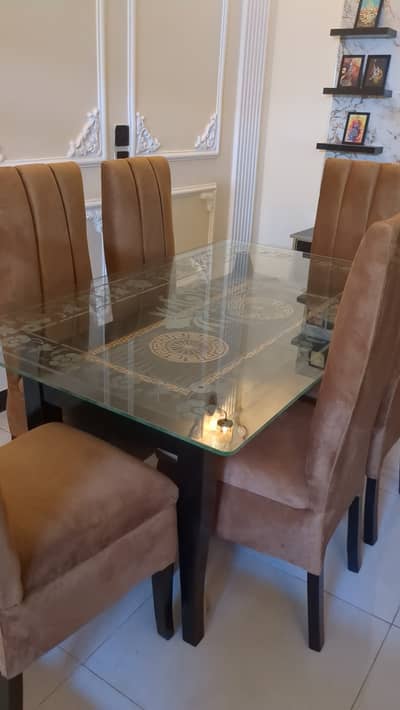 Premium 6 Seater Glass Top Dining Table Set – recently reupholstered