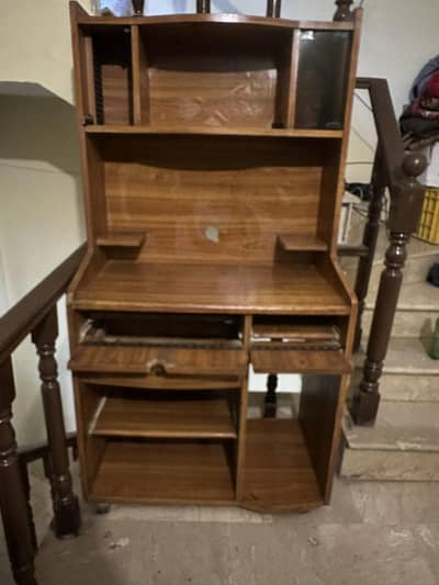 Wooden Computer Table / Study Desk with Upper Shelves & Keyboard Tray