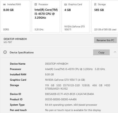 Core i5 4th Gen gaming pc [GTX 1050ti 4Gb [8Gb ram[128GB SSD [500Gb Hd