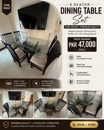 Premium 5 Seater Pure Wooden Dining Table Set – PKR 47,000
