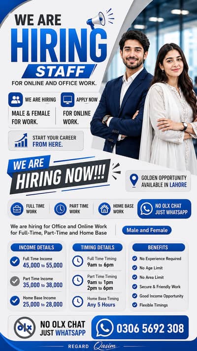 Hiring staff for online and office wook.