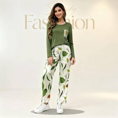 2 PCs women's stitched cotton jersey printed nite suit