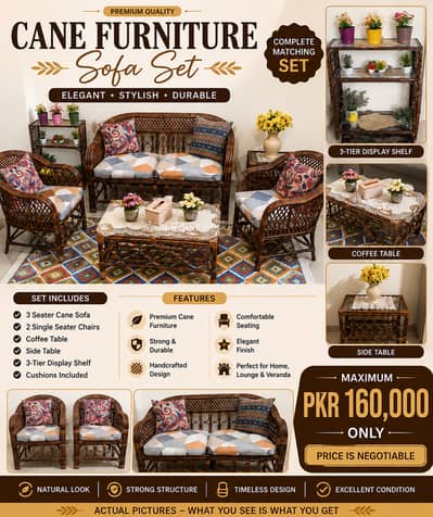 Premium Cane Furniture Sofa Set | 3-Seater + 2 Chairs + Tables |