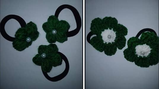 Green Handmade Crochet Flower Ponytails - 14 August Special