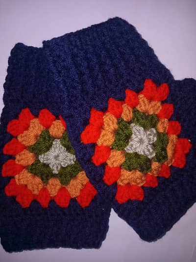 Handmade Crochet Wrist Warmers/Mittens - Navy Blue Floral