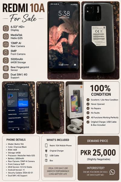 Redmi 10A 4GB/64GB – Excellent Condition – 100% Working