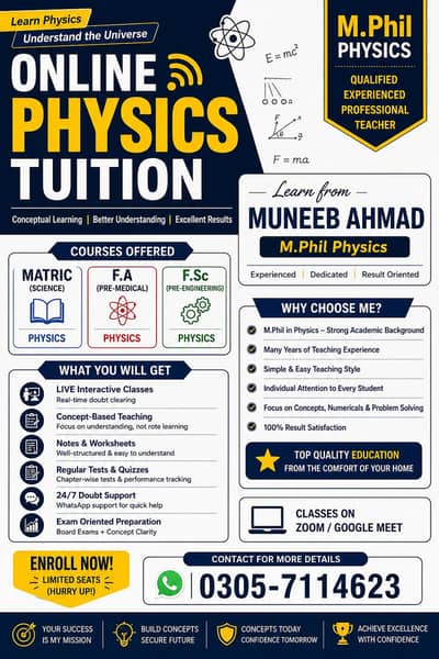 Home and Online Physics Classes for O/A levels, Matric, F. A & F. Sc,