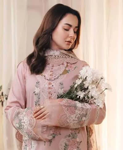 3PC Chickenkari Embroidered Lawn Suit with Printed Dupatta Peach
