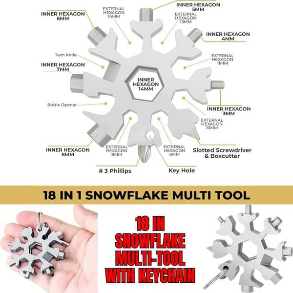 18 in 1 Snowflake Multi-Tool with Keychain - Flat and Phillips Screwdriver, Allen Wrench, Bottle Opener, Key Hole - Travel Camp Adventure Gadget Gift Tool for Men