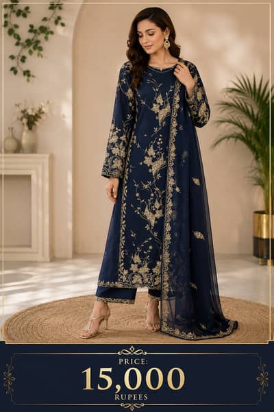 Formal Suit Midnight Blue Embroidered 3-Piece
