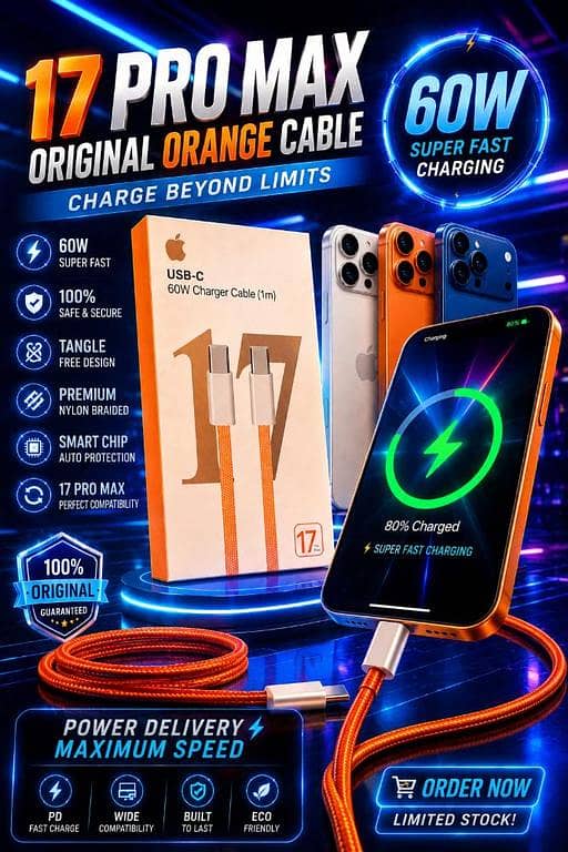 iPhone 17 Pro Max 60W USB-C To USB-C Super Fast Charging Cable For | Original Orange Premium Nylon Braided Type-C PD Fast Charger Cord (1m) Wide Compatibility