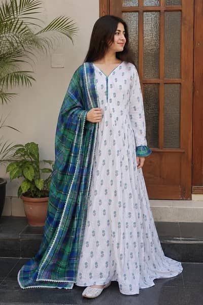 Elegant Printed lawn Frock with Checkered Dupatta
