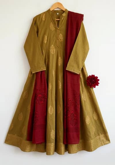 Premium Olive Green Printed Wide-Flare Frock