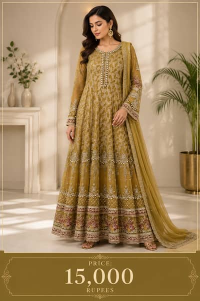 Maxi Dres Gold Heavily Embroidered Anarkali Frock with Pearl Detailing