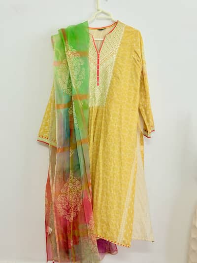 Beautiful yellow lawn dress with organza dupptta