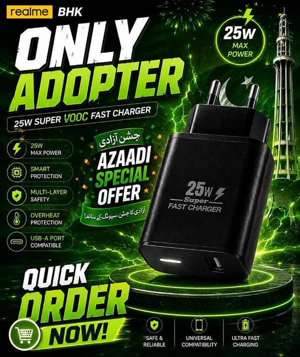 PACK OF 2 PCs Realme 25W Only Adapter SuperVOOC Fast Charger - Max Power Super Fast Charging Wall Charger Premium Quality Mobile Adapter with Smart Protection & Multi-Layer Safety