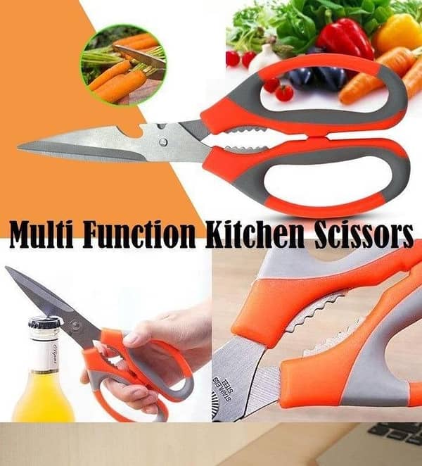 Tailor Paper Cuttings orange handle office scissors household kitchen scissors stainless steel multi-function scissor for Kitchen Use with Nut Cracker & Bottle Opener