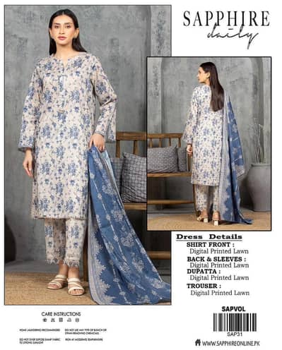 Sapphire Blue Floral 3-Piece Unstitched Lawn Suit