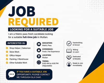 Matric Pass Fresh Boy Looking for Job – Multan
