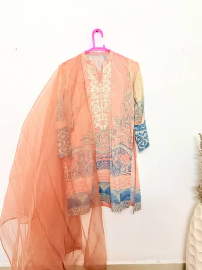 3-piece tea pink shalwar kameez with organza dupptta