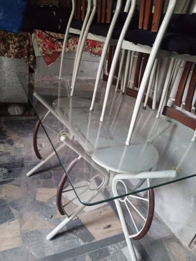 Dining Table with 6 Chairs – Glass Top & Metal Design