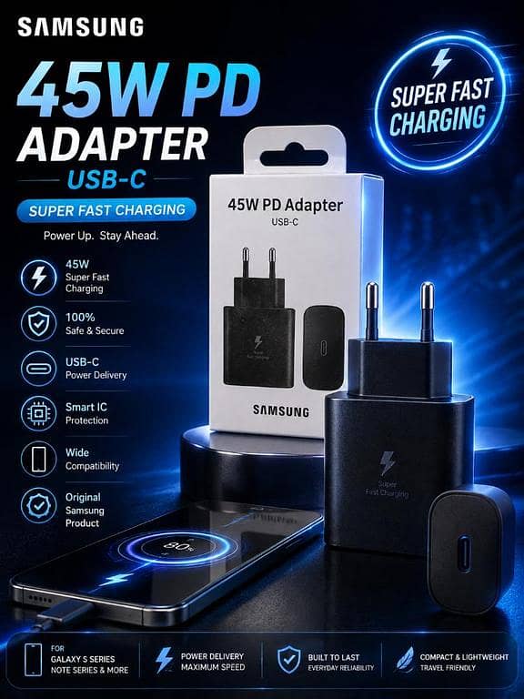 Samsung Original 45W Ultra Fast Booster Charging PD Adaptor | USB-C Power Delivery Wall Charger with Smart IC Protection for All Type-C Devices