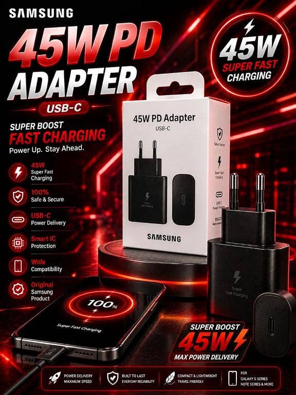 Samsung Original 45W Ultra Fast Booster Charging PD Adaptor | USB-C Power Delivery Wall Charger with Smart IC Protection for All Type-C Devices