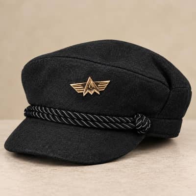 Black Pilot Style Baker Boy Cap with Golden Badge`