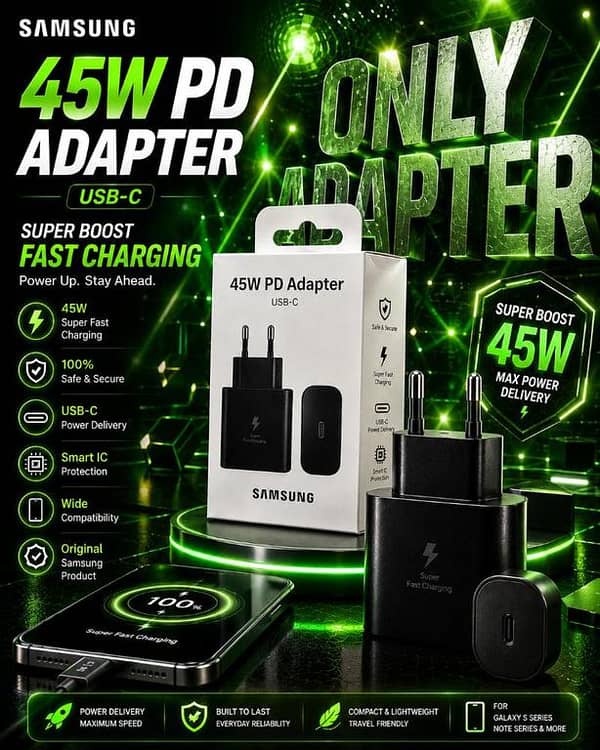 PACK OF 2 PCs Samsung Original 45W Ultra Fast Booster Charging PD Adaptor | USB-C Power Delivery Wall Charger with Smart IC Protection for All Type-C Devices