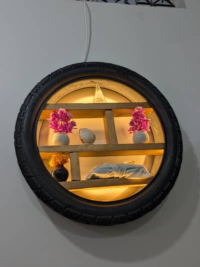 Handmade Upcycled Tire Wall Shelf with LED Lighting