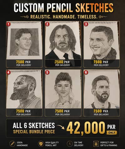 Custom Handmade Pencil Portraits | 7,500 PKR | All 6 for 42,000