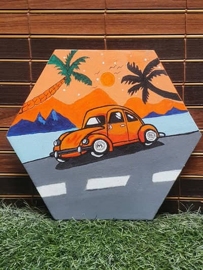 Hexagon Canvas painting of orange Vintage car at sunset