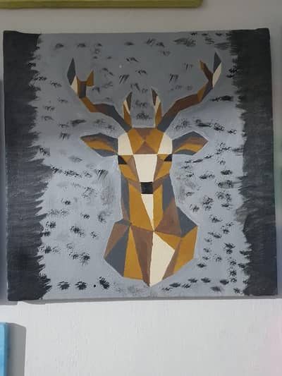 Geomatric Deer Head Canvas Painting In Brown And Gray Tones