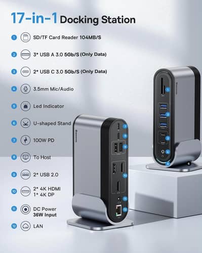 Baseus 17-in-1 USB-C Laptop Docking Station | 4K HDMI + DP | 100W PD
