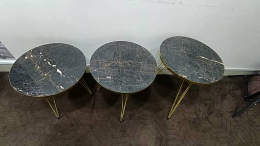 3 Piece Round Coffee Table Set – Marble Look Top | Golden Legs