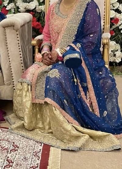 **Title:** Beautiful Royal Blue & Pink Pakistani Formal Sharara Dress