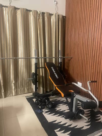 LiveUp Sports Multi-Function Gym Bench Press Set with Barbell & Dumbb