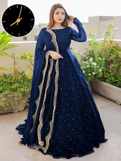 Blue Chiffon Maxi Set With Pearls And Lace Dupatta