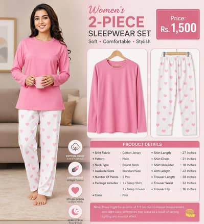  Women’s Pink 2-Piece Heart Print Sleepwear Set – delivery free