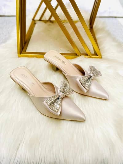 women Beige leather  heels  with bow decor