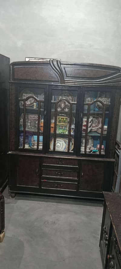 Large Wooden Crockery Showcase - 3 Door Glass + 3 Drawers + 2 Cabinets
