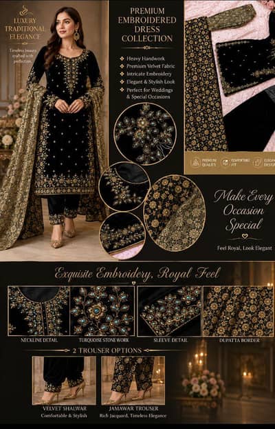 Beautiful Black  and golden Velvet 4-Piece Suit 