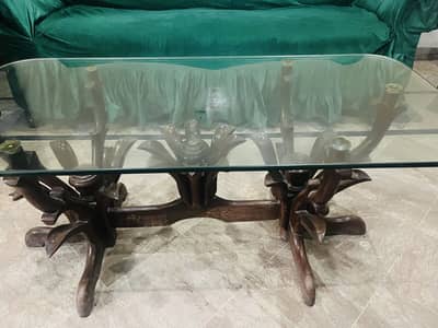 “3-Piece Living Room Table Set – Glass Top with Wooden Carved Base”