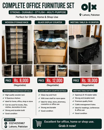 **Office Furniture Sale – Meeting Table, Rack & Glass Counter**
