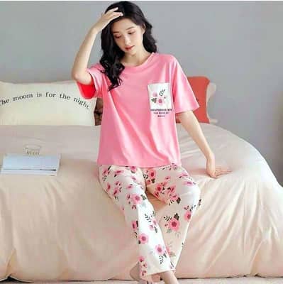 2 Pcs Women's Stitched Jersey Plain Night Suit
