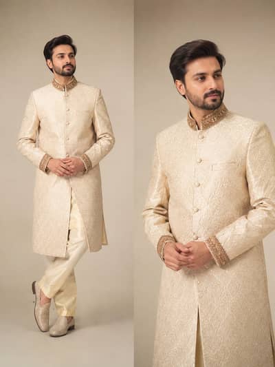 Premium Ivory Gold Brocade/Jacquard Sherwani