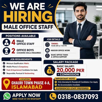 Office Staff Required | Office Boy | Male Office | Freshers Jobs