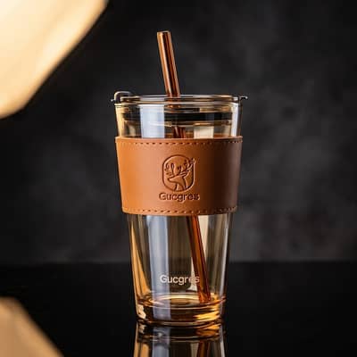 Aesthetic Glass Coffee Cup with Straw & Leather Sleeve